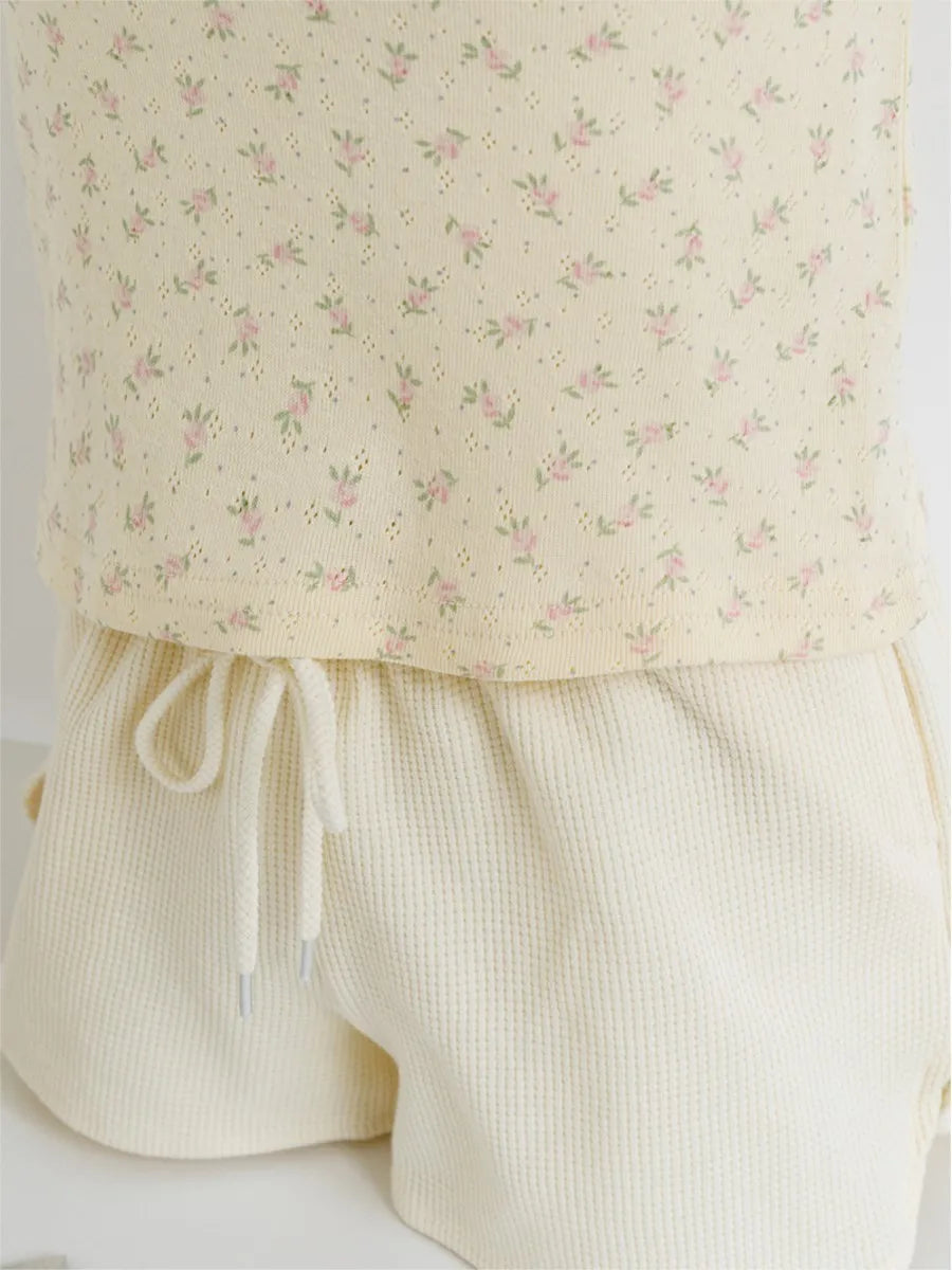 Floral Yellow Home Pajama Sets Women Summer Eyelet Tees Waffle Straight Short Pant Sweet T-shirt Shorts Sweet 2 Pieces Outfits