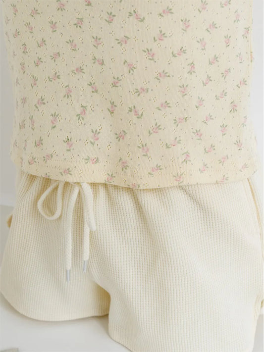 Floral Yellow Home Pajama Sets Women Summer Eyelet Tees Waffle Straight Short Pant Sweet T-shirt Shorts Sweet 2 Pieces Outfits