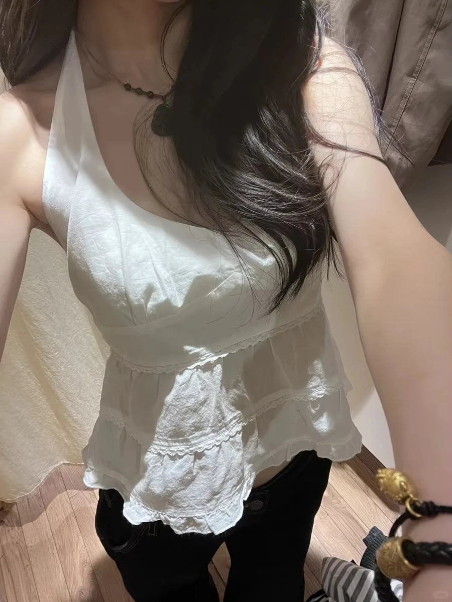 Lace Ruffles White Halter Tops Woman Summer Simple V-neck Sleeveless Cotton Cropped Camisole Cute Sweet Backless Slim Crop Top
