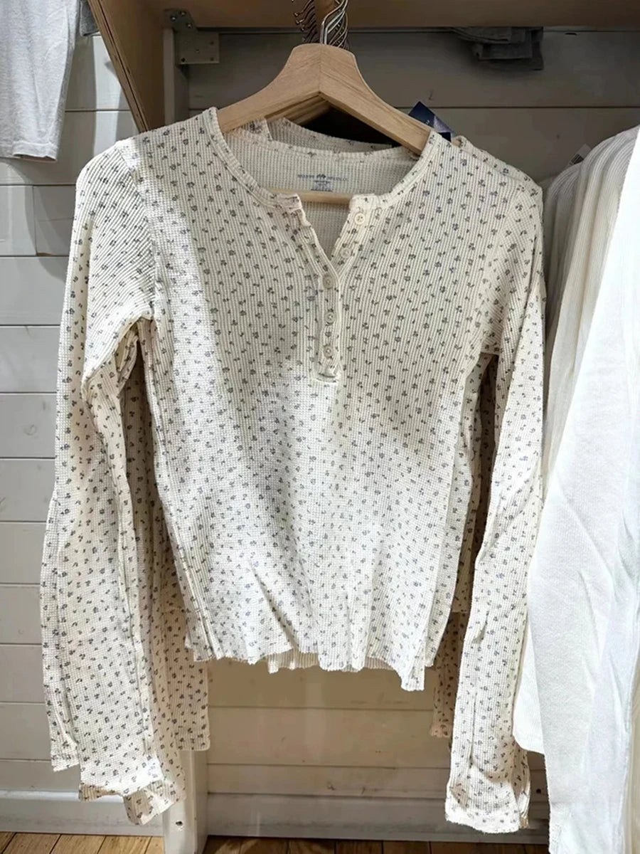 Sweet Waffle Floral Print O-neck T-shirts Women Spring Five Buttons Slim Streetwear Casual Long Sleeve Tees Vintage Cute Y2K Top