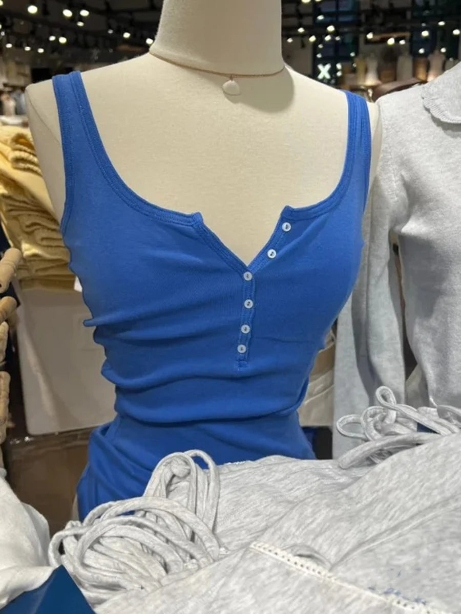 Royal Blue Six Buttons Tank Top Women Simple Casual U Collar Sleeveless Slim Cotton Vest Streetwear All-match Basic Tops Y2k