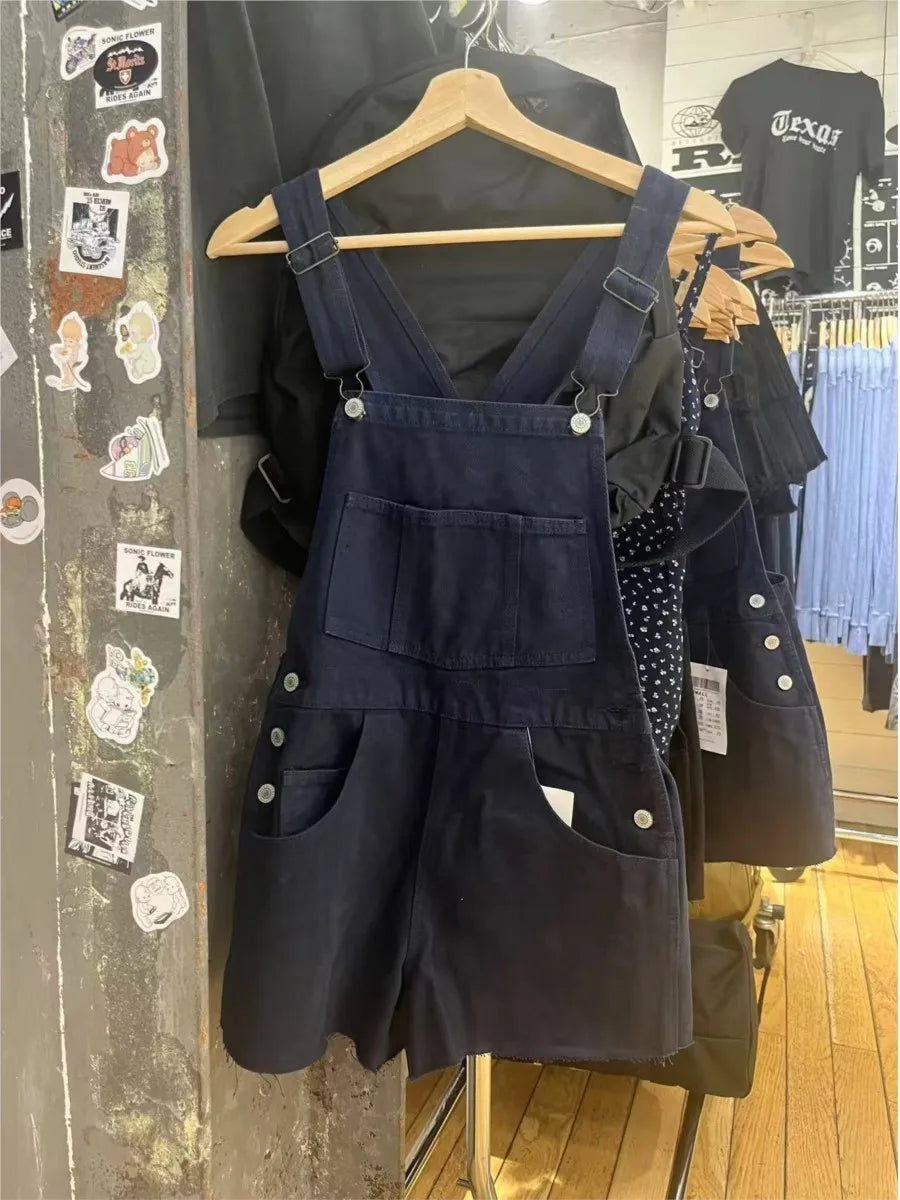 Vintage Navy Raw Hem Denim Overalls Women Summer Casual High Waist Pockets Straight Short Pants Streetwear Preppy Style Shorts