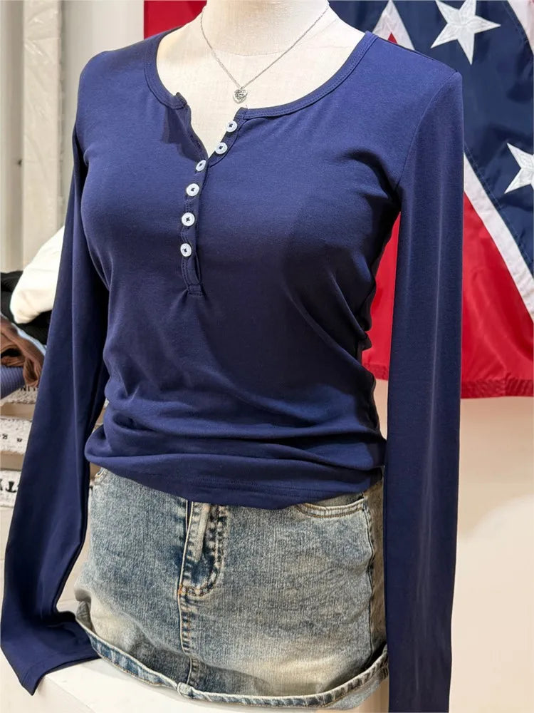 Navy Cotton Slim T-shirts Women Autumn New Cute Casual Six Button All-match Long Sleeve Tees Vintage Basic Simple Tshirt Y2K Top