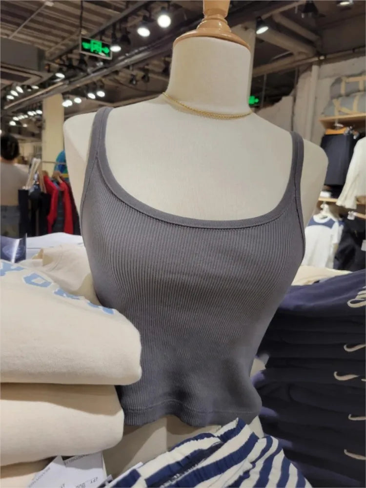 Vintage Solid Ribbed U-neck Tank Tops Women Summer New Streetwear Basic Sleeveless Vests Sweet All-matchCasual Slim  Camisole