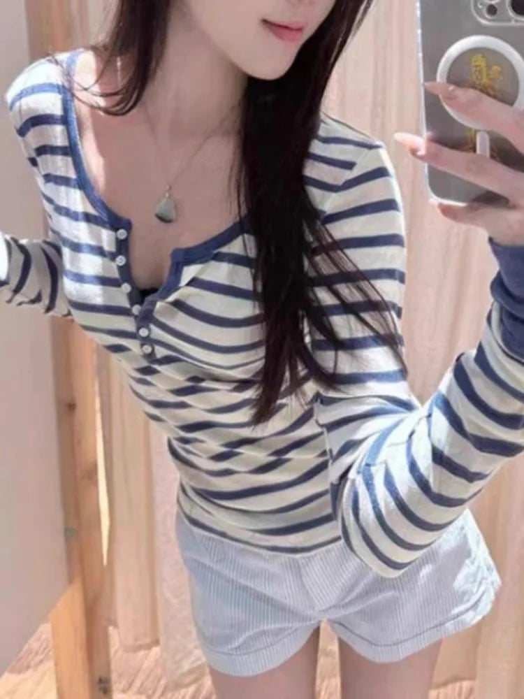 Blue White Striped T-shirt Women Buttons O-Neck Cotton Slim Patchwork Long Sleeve Tee Sweet Cute Preppy Style Tshirt Y2K Top New
