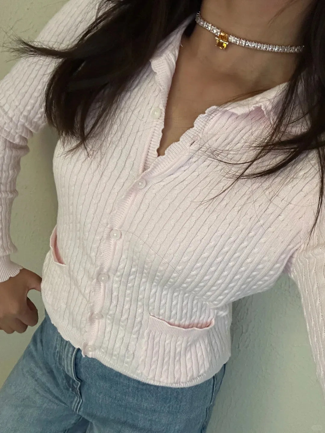 Babydoll Collar Pink Twist Cardigan Women Autumn New Lace Trim Cotton Buttons Knitted Jumper Sweet Cute Preppy Style Sweater Y2K