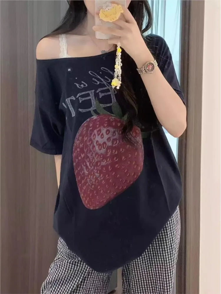 Strawberry Print Cotton T-shirts Women Summer Sexy Slash Neck Loose Short Sleeve Tees Female Sweet Streetwear Preppy Style Tops