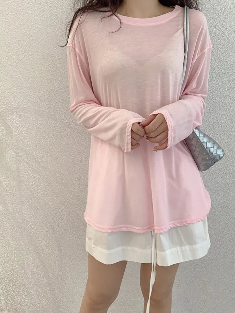 Sweet Thin Sun Protection T-shirts Women Summer Casual Streetwear Lyocell O-neck Long Sleeve Tees Chic Preppy Style Tops Y2K New