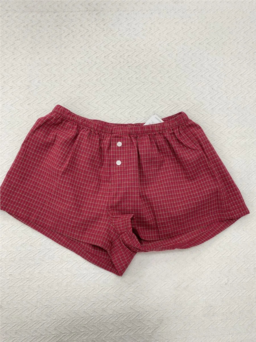 Vintage Red Plaid Blouse T-shirt Short Set Women Summer Buttons Tee+Straight Sweatshorts Suit Sweet Home Pajama 2 Piece Sets Y2K