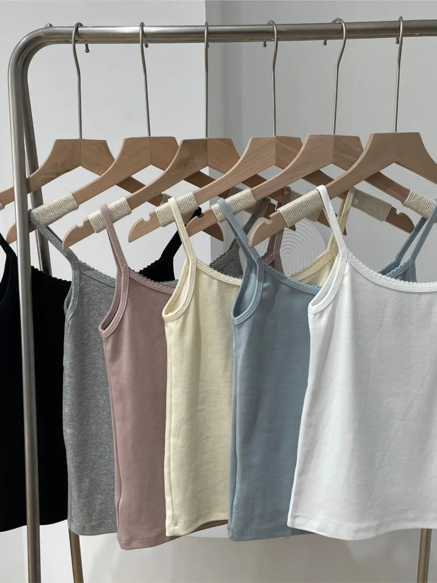 Basic Lace Trim Slim Tank Top Women Summer Casual Sleeveless Cotton Slim U collar Camisole Sweet Cute All-match Vest Tops Y2K