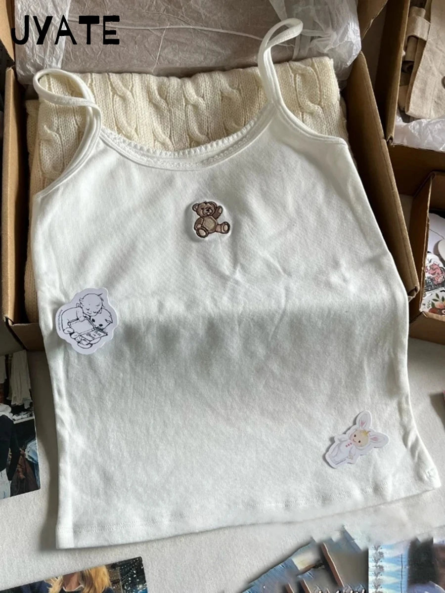Cute Girls and Cats Embroidery Tank Top for Women Summer Cotton Lace Trim Sleeveless Camisole Sweet Preppy Style Top T shirt Y2K