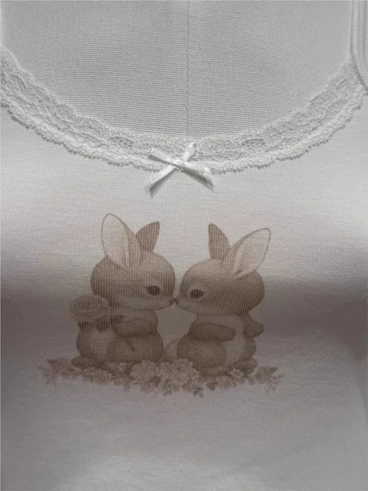 Rabbit Print Slim Tank Top Woman Summer Bow Lace Trim White Cotton Camisole Female Sweet Preppy Style Cute Crop Tops Vest