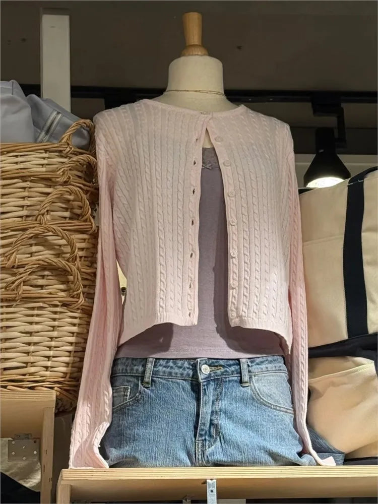 Sweet Pink Twist Flower Sweater Cardigan Woman Autumn O-neck Single Breasted Long Sleeve Crop Top Cotton Cute Chic Knitwear Tops