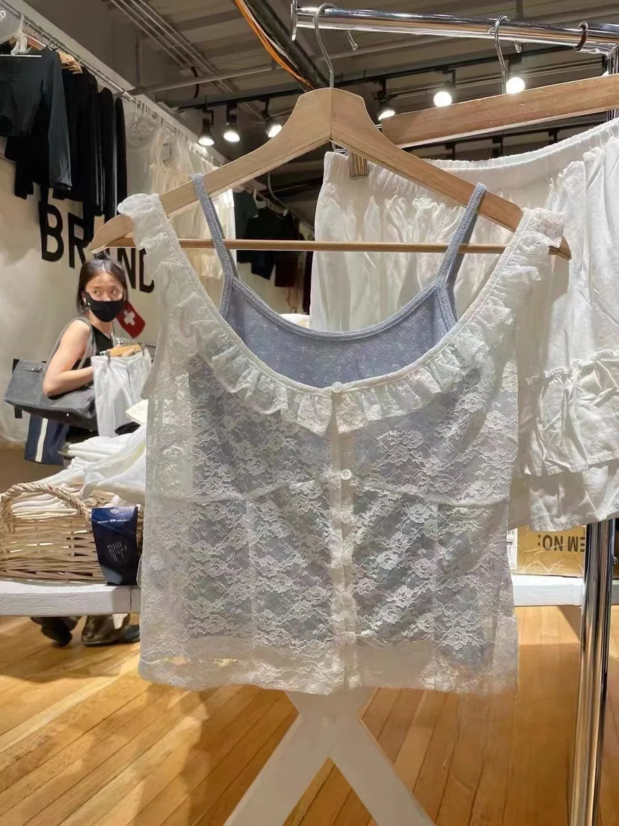 White Lace Trim Button Tank Tops Women Summer New Streetwear Slim Cotton Crop Top Female Sweet Casual Preppy Style T-shirts Y2K