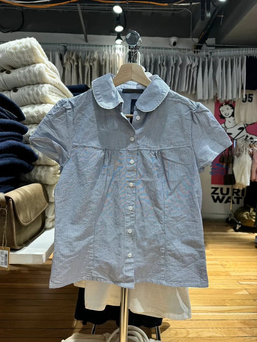 Cute Pink Plaid Peter Pan Collar Blouse Women New Casual Streetwear Buttons Short Sleeve Tee Sweet Preppy Style T-shirts Y2K Top