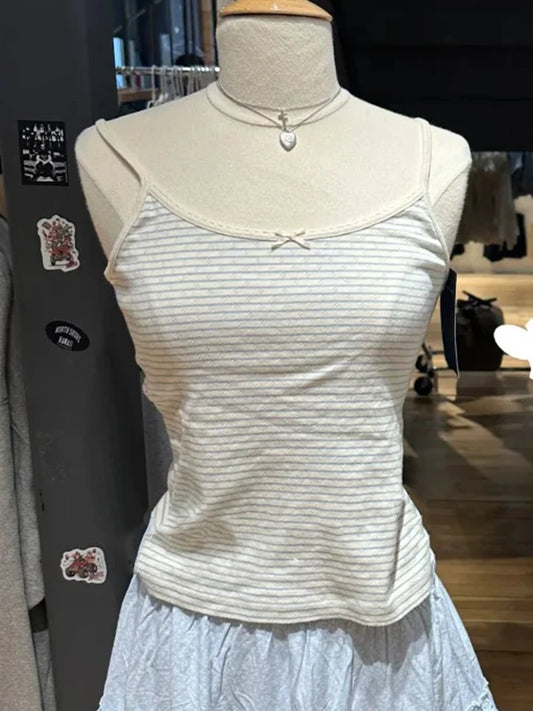 Blue Striped Eyelet Tank Tops Women Summer Y2K Cotton Soft Bow Lace Trim Sleeveless Vests Sweet Cute Preppy Style Camisole New