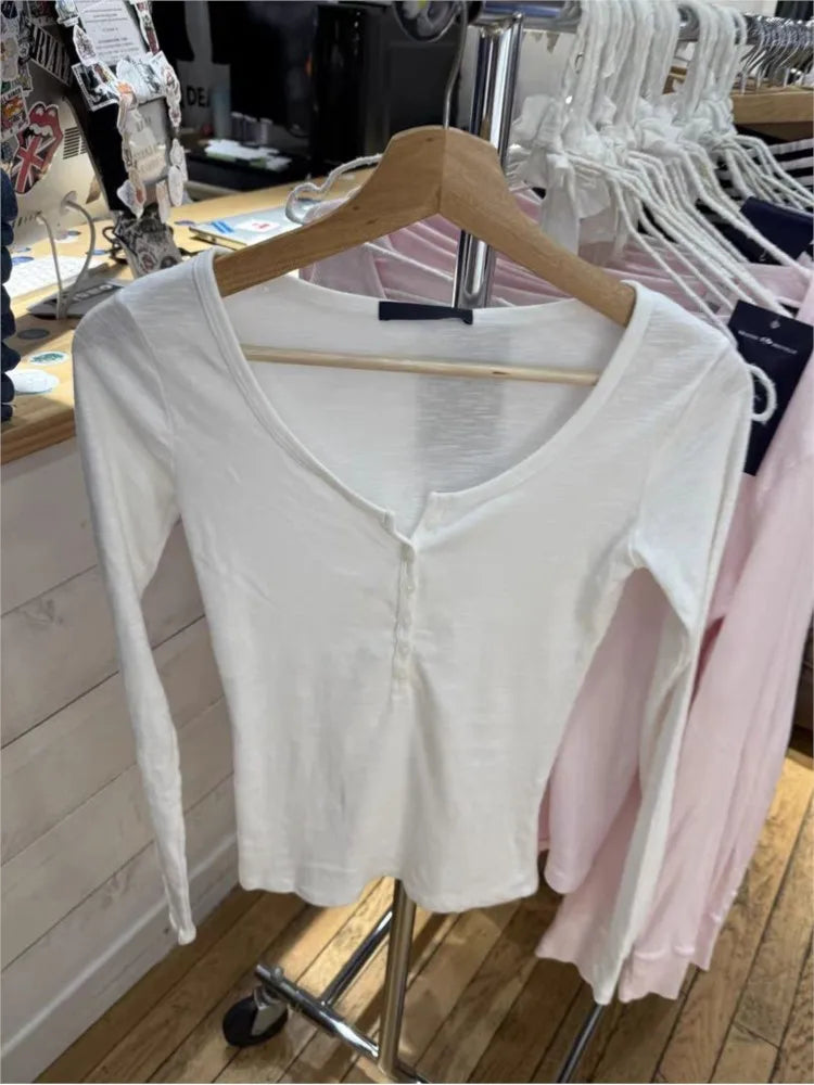 Slub Cotton White Long Sleeve T-shirt Woman Six Buttons Round Neck Slim Tee Tops Female Casual Simple All-match Basic Tshirts