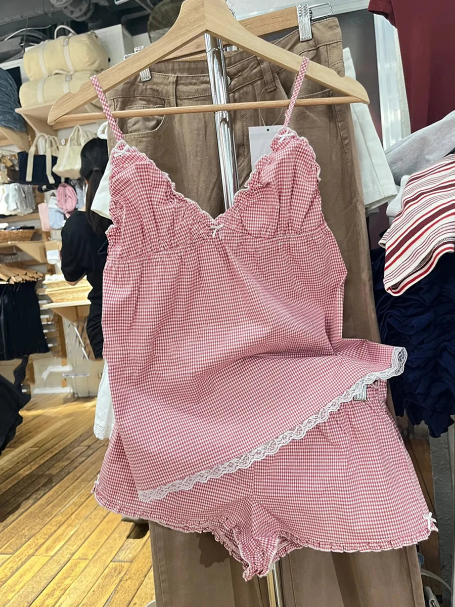 Pink Tank Tops Pant Sets Women Summer Cotton Bow Lace Trim Camisole+Fungus Short Pants Sweet Cute 2 Piece Outfits Clothes