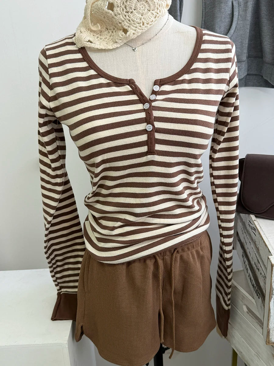Brown Chic 2 Piece Sets Women Cute Cotton Slim Striped Long Sleeve Tee+Waffle Shorts Pant Female Sweet Cute Two Piece Sets Y2K