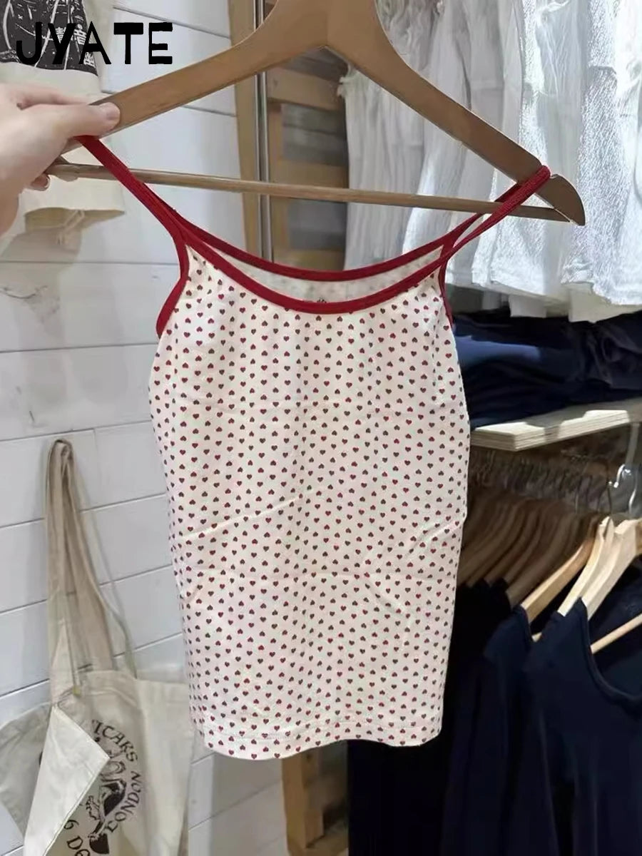 Red Hearts Print Patchwork Tank Tops Women Summer Cotton Casual Streetwear Sleeveless Vests Sweet Cute Preppy Style Camisole Y2K