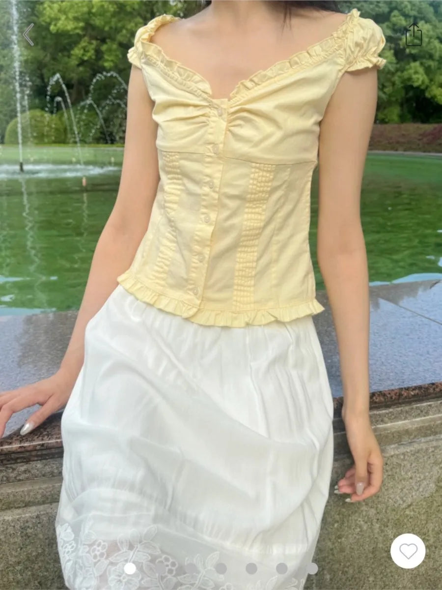 Yellow Sweet Folds Blouse Top Women Casual Single Breasted Ruffle Sleeveless Tank Tops Vest Cute Casual Preppy Style Camis Y2K