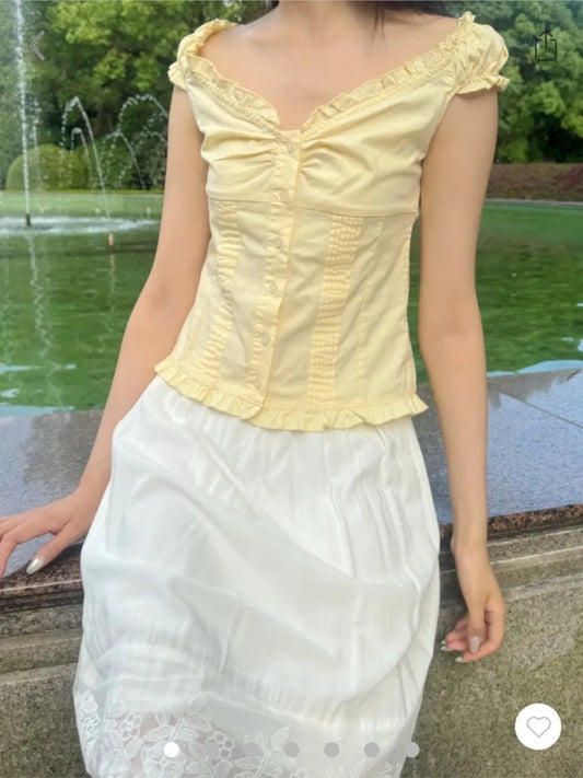 Yellow Sweet Folds Blouse Top Women Casual Single Breasted Ruffle Sleeveless Tank Tops Vest Cute Casual Preppy Style Camis Y2K