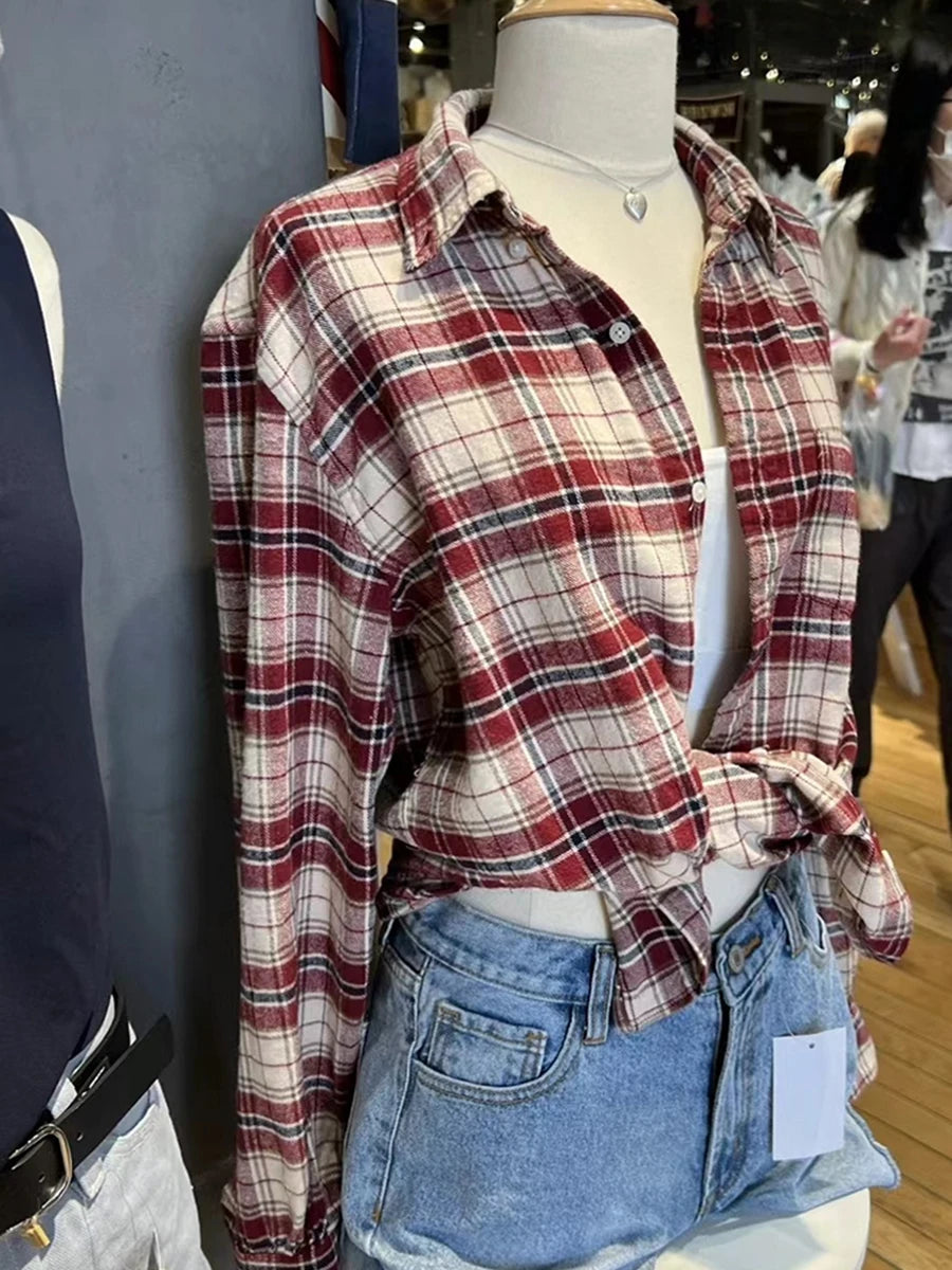 Retro Red Plaid Button Loose T-shirts Women Cotton Turn Down Collar Casual Simple Tees Coat Vintage Chic Streetwear Blouse Y2K