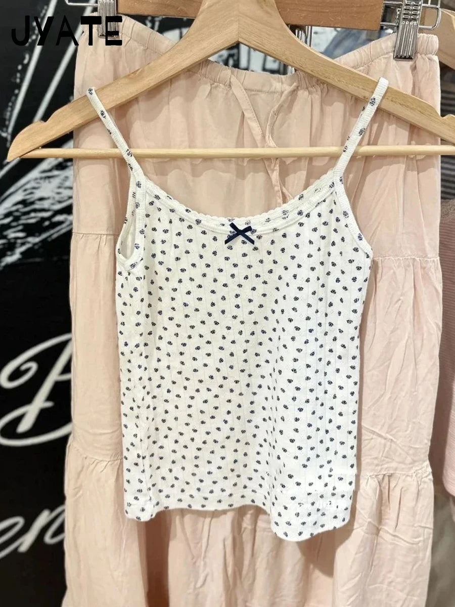 Sweet Floral Print Black Bow Camisole Women Summer New Cotton Casual Simple Preppy Vests Female Vintage Cute Chic Y2K Tank Tops