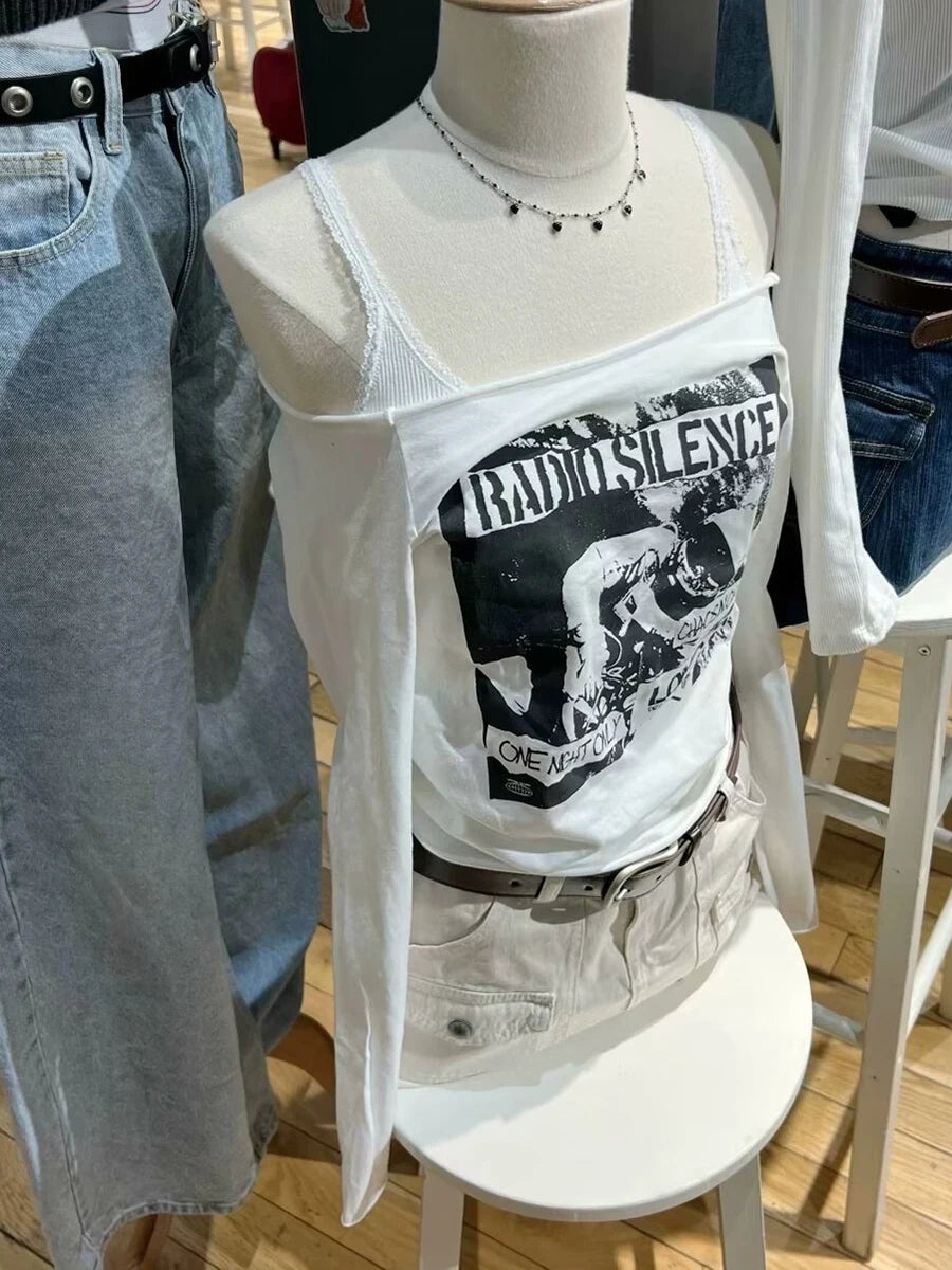 Sexy Slash Neck Slim Long Sleeve Tees Women Cotton Graphic Print Raw Hem Casual Tops Female Vintage Chic Streetwear Y2K T-shirts