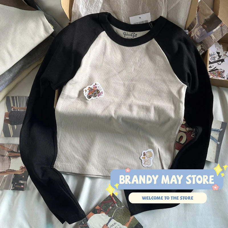 Retro Patchwork Ribbed T-shirt Women Autumn Casual O-Neck Cotton Long Sleeve Tee Shirt Vintage Streetwear Chic T Shirt Y2K Tops