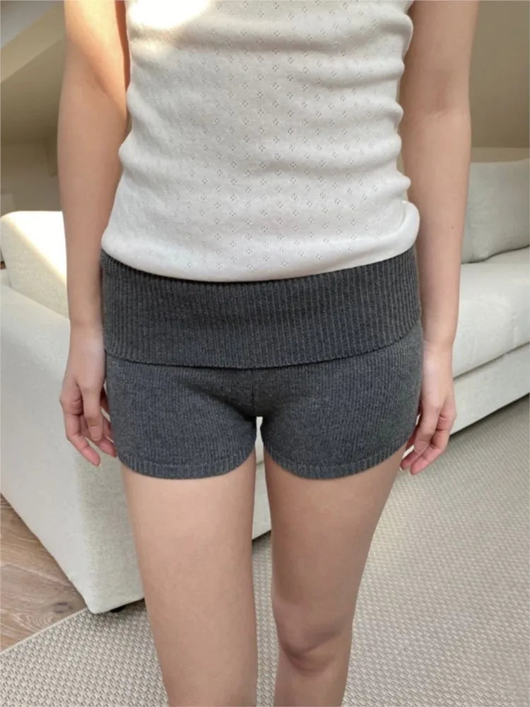 Cute Solid Flanging Knit Shorts Women Spring Elastic Waist Cotton Straight Short Pants Sweet Home Underwear Y2K Sweatshorts New