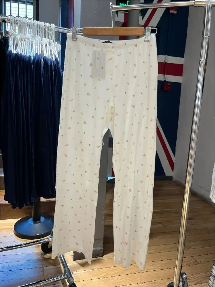 Casual Red Floral Eyelet Straight Sweatpant Women Autumn High Waist Cotton Cute Trousers Vintage Sweet Home Pajama Long Pant Y2K