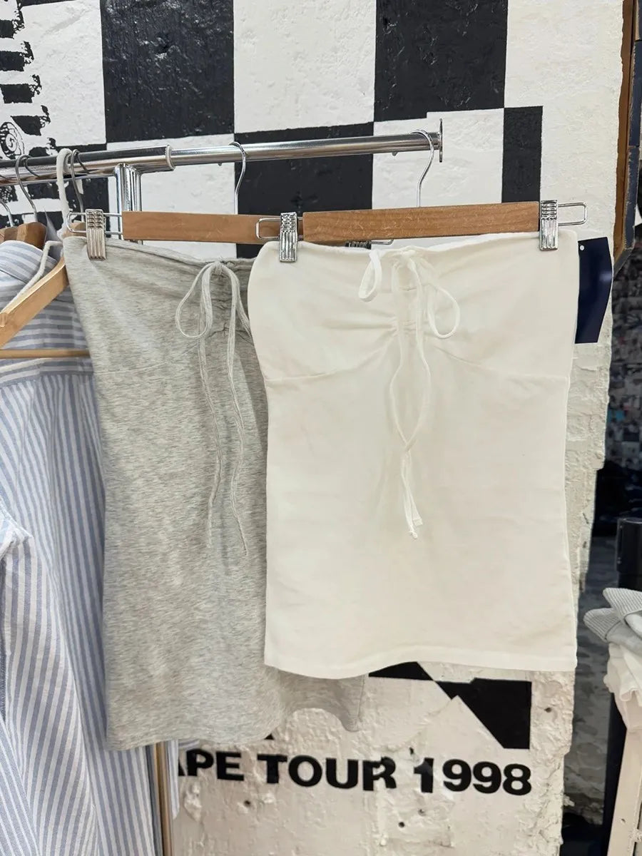 Cute White Drawstring Folds Strapless Tank Top Women Summer Cotton Slim All-match Camis Female Sweet Preppy Style Vest Y2K Tops