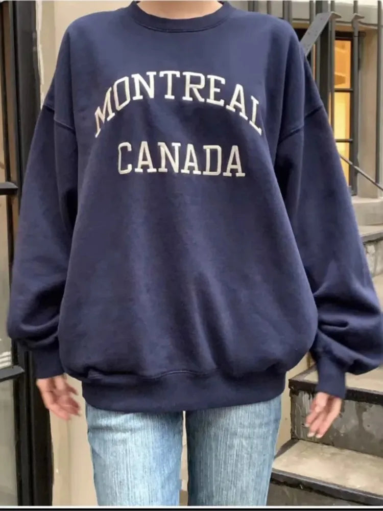 Streetwear Letter Embroidery Sweatshirt Women Loose O-neck Cotton Long Sleeve Hoodie Vintage American Oversized Sweatshirts Tops