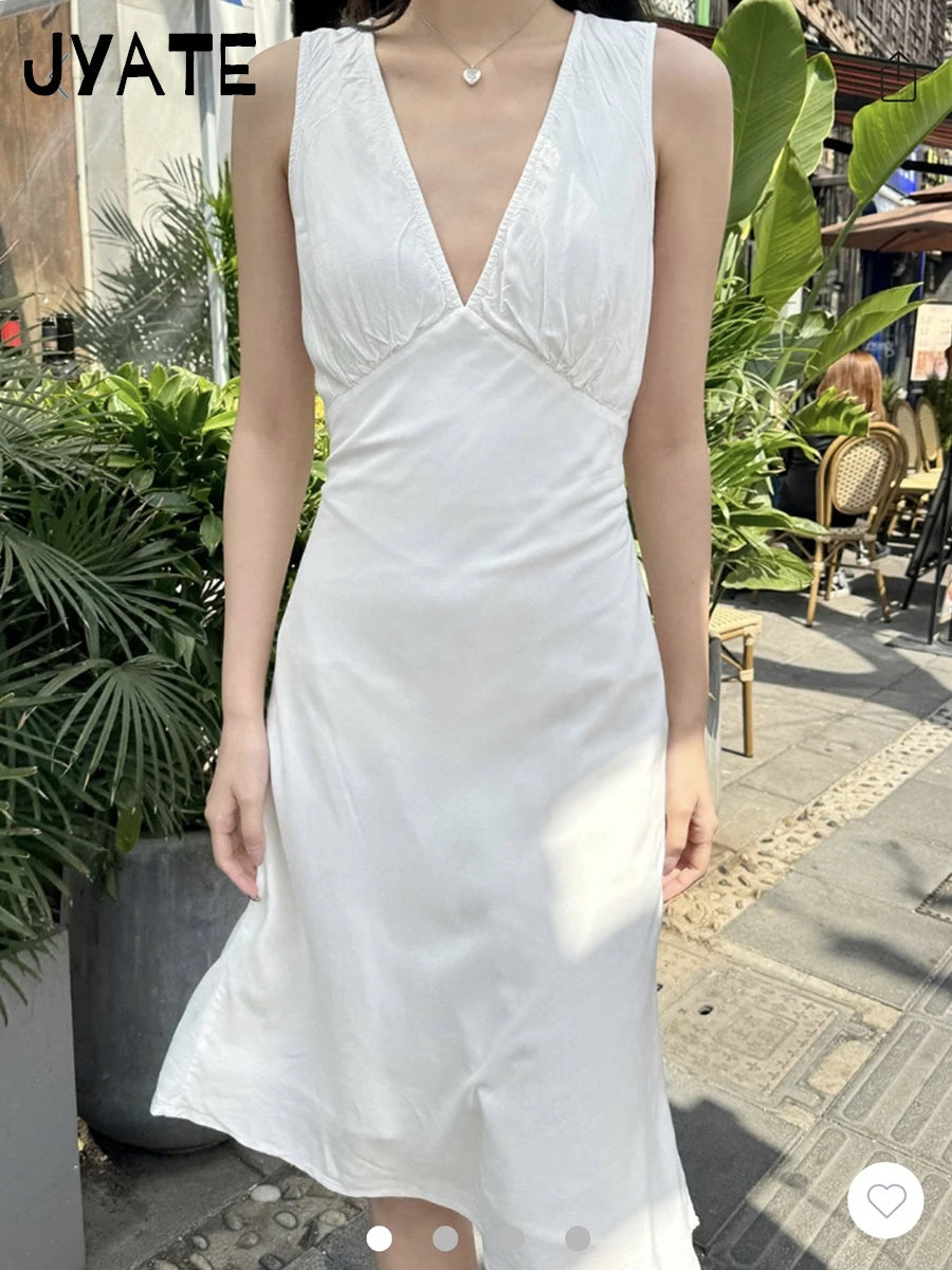 White V-neck Back Lace-up Long Vestidos Women Summer Casual Simple Cute Sleeveless Maxi Dress Sweet Preppy Style Cute Dresses