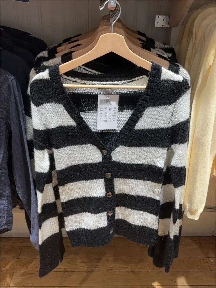 Striped Mohair Long Sleeve T-Shirt Cardigan Women Autumn V-Neck Cotton Thin Smock Button Top Vintage Sweet Cute Tee Shirt Tops
