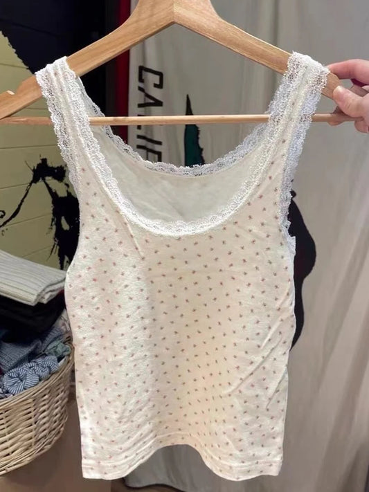 Fashion Floral Print Lace Trim Tank Tops Ladies Summer Cotton Soft Casual Sleeveless Vests Female Sweet Cute Chic Camisole Y2K