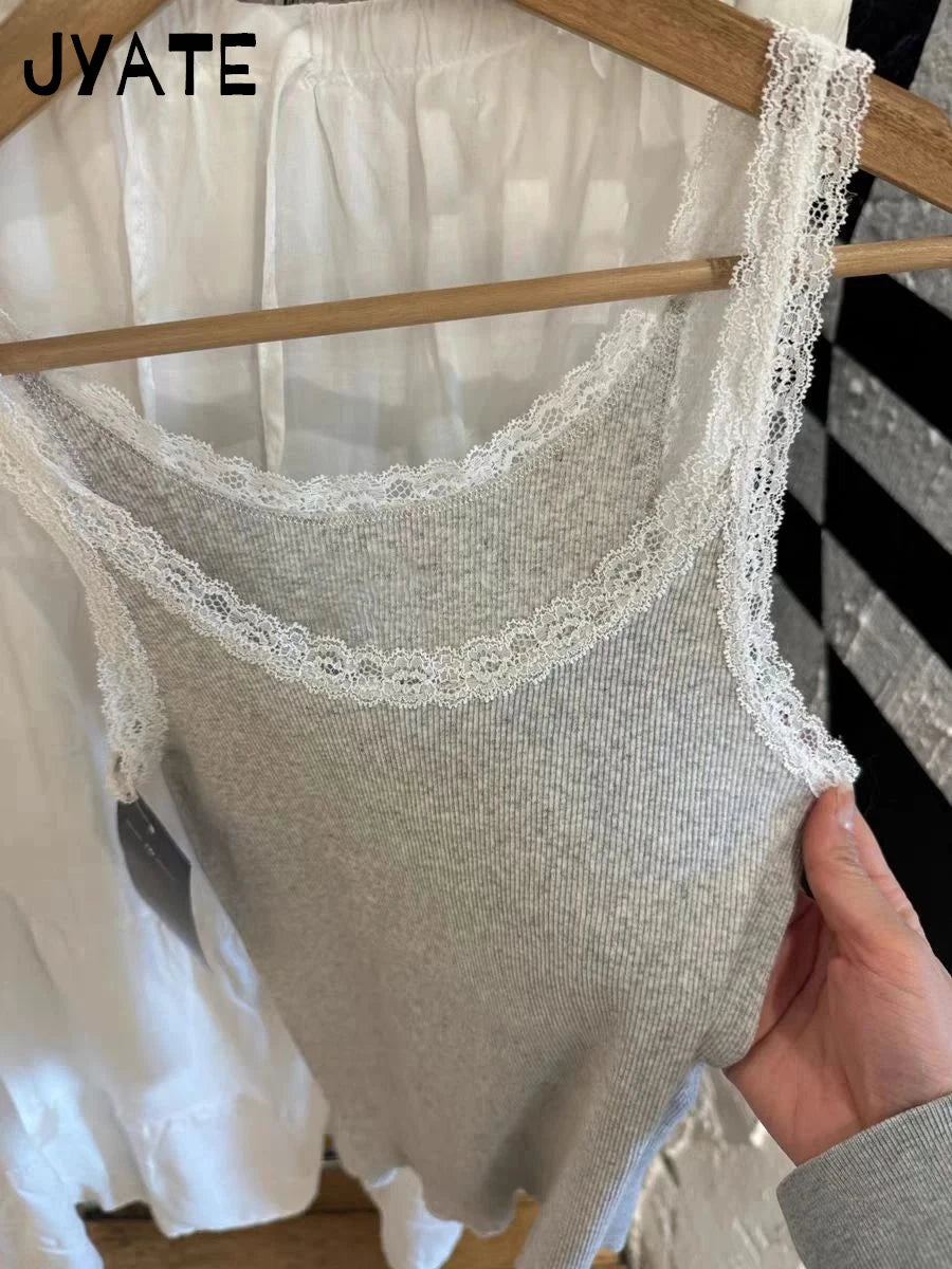 New Lace Trim Gray Ribbed Cotton Tank Tops Women Summer Sexy Slim Roll Hem Sleeveless Vests Sweet Cute Vintage Basic Camis Y2K