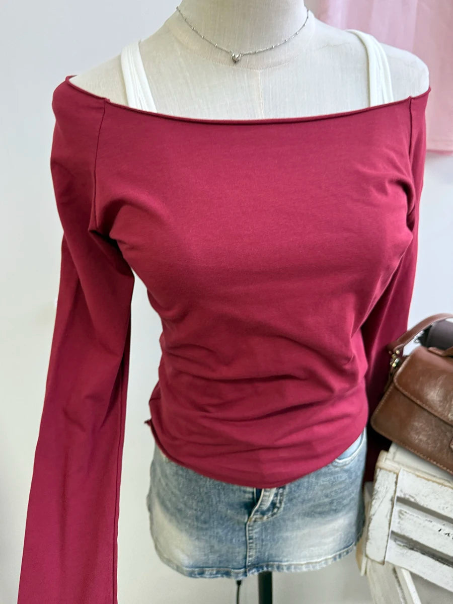 Red Slim Long Sleeve Tee Women Spring Simple Basic Slash Neck Casual Raw Hem Cotton Tops Female Vintage Chic Red Y2K T-shirts