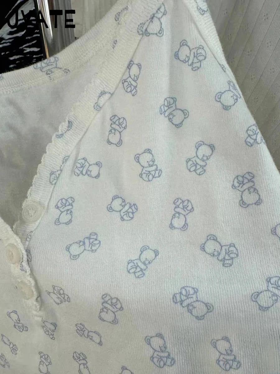 Sweet Bear Print Buttons V-neck Camis Women New Casual Cotton Soft Pajama Sleeveless Vests Cute Vintage Preppy Style Tank Tops