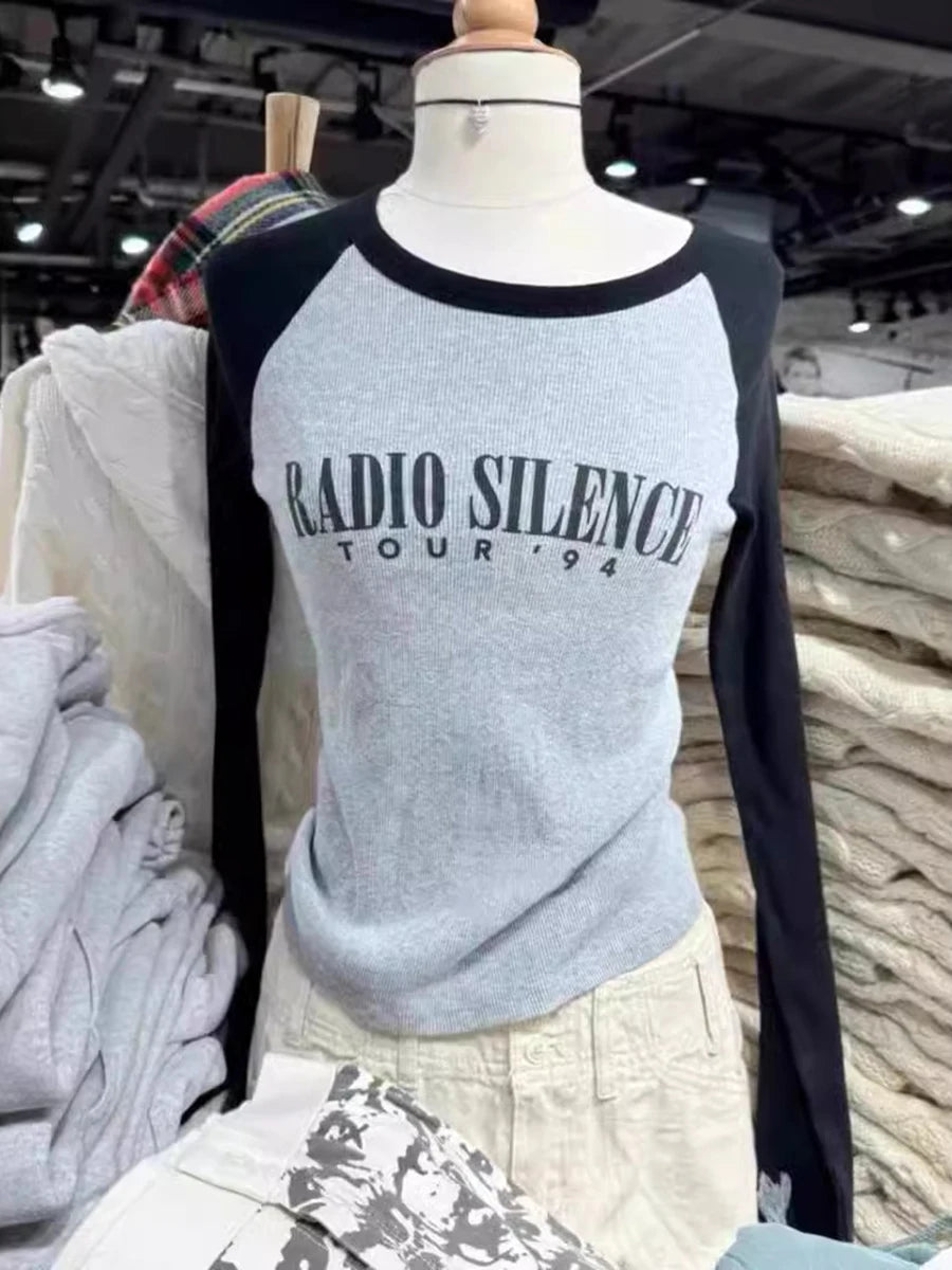 Patchwork Slim Long Sleeve Tops Women Casual Simple Cotton Letter Print Streetwear Tee Female Fashion Vintage Chic Y2K T-shirts
