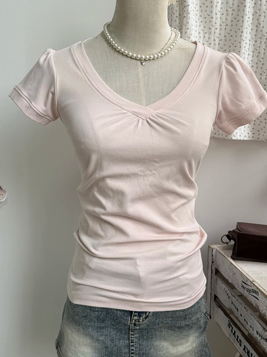 Folds V-neck Basic T-shirt Woman Summer Short Sleeve Cotton Slim Tee Shirts Female Casual Simple All-match Sweet Tshirt Tops