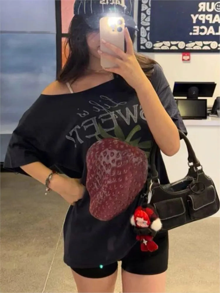 Strawberry Print Cotton T-shirts Women Summer Sexy Slash Neck Loose Short Sleeve Tees Female Sweet Streetwear Preppy Style Tops