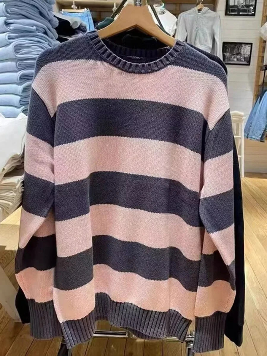 Striped Thick Knitted Jumpers Women Autumn O-neck Fashion Casual Streetwear Loose Pullovers Tops Chic Vintage Sweet Y2K Sweaters