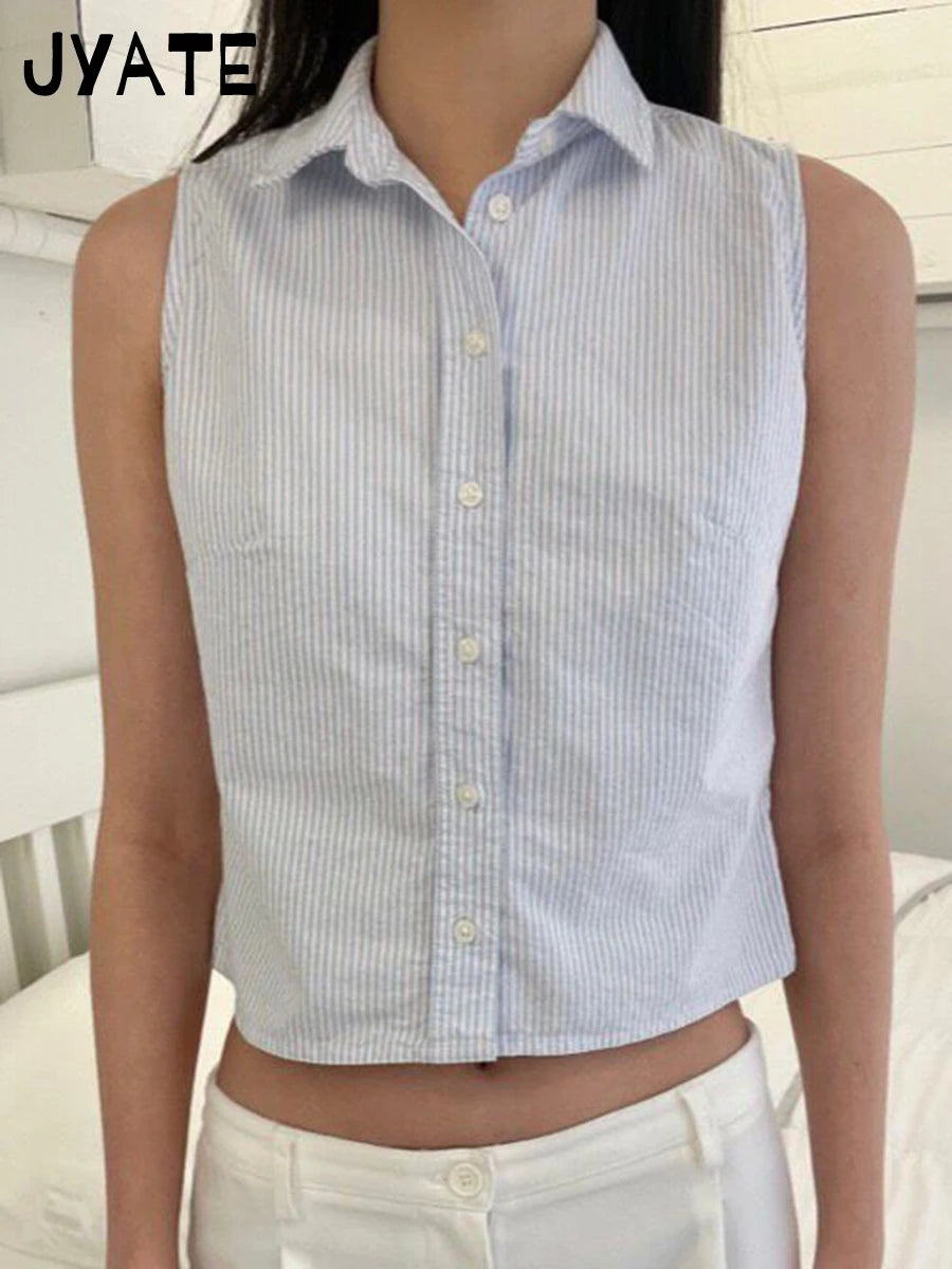 Fashion Blue Striped Tank Tops Women New Casual Turn down Neck Cropped Sleeveless Vests Preppy Style Vintage Chic Crop Tops Y2K