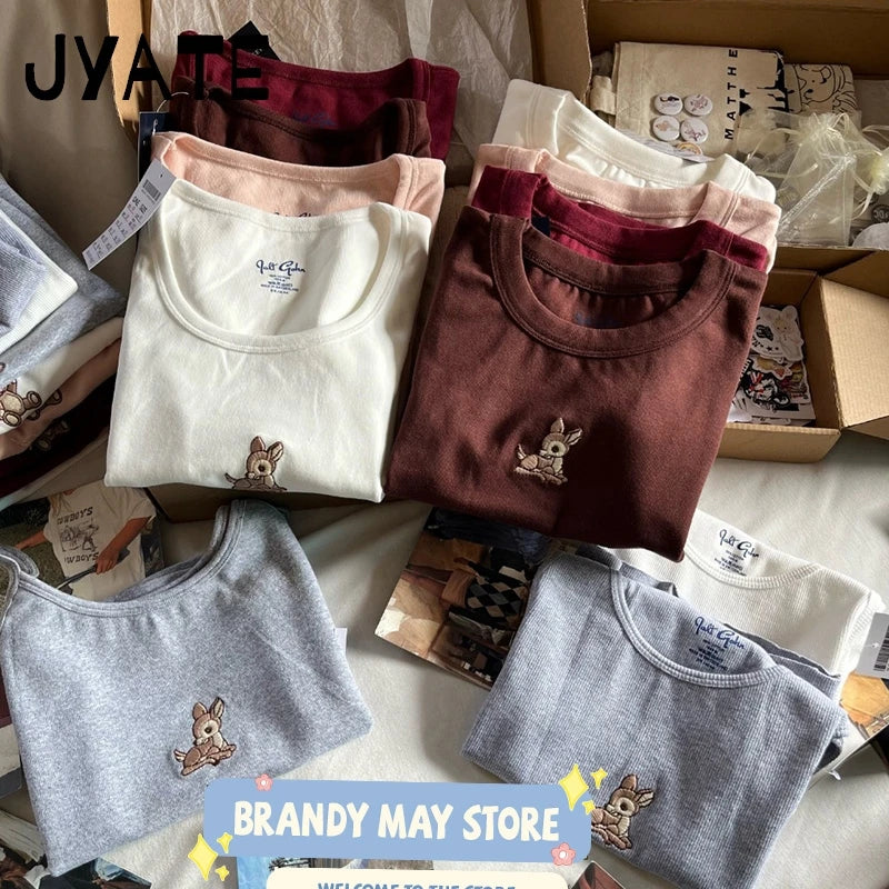 Little Deer Embroidery Crop Tops Women New Cotton Soft Casual Simple Cute Slim Short Sleeve Tees Preppy Style Sweet T-shirts Y2K