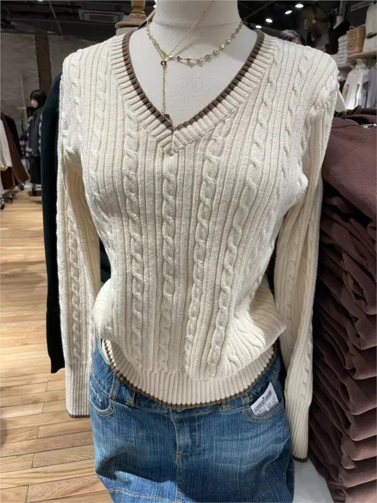 Sweet Beige Twist Flower Knit Sweater Woman Autumn Round Neck Long Sleeve Jumper Casual All-match Pullover Preppy Style Sweaters
