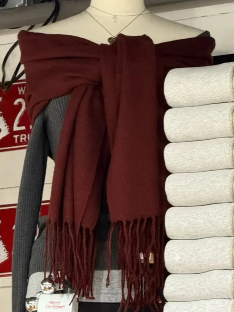 New Solid Tassel Knitted Scarf Women Winter/fall Unisex Warm Wool Long Size Vintage Casual All-match Preppy Style Scarves Y2K