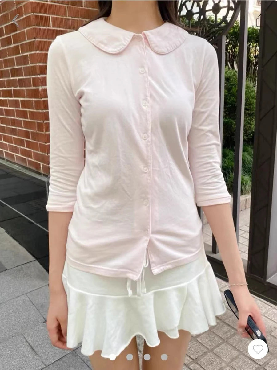 Sweet Pink Button Doll Tops Women Summer New Cotton Casual Turn-down Collar Half Sleeve Tees Female Preppy Style T-shirts Y2K