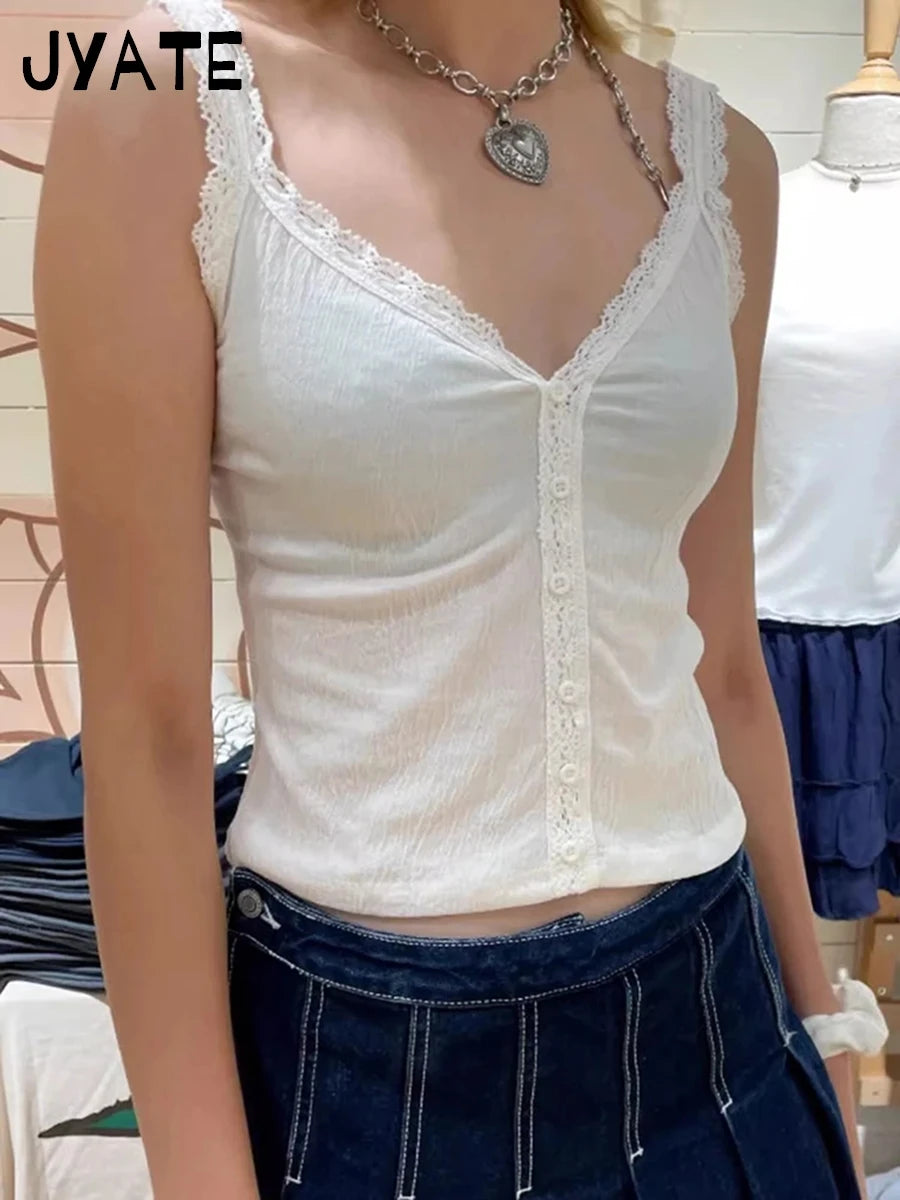 Black Slim V-neck Tank Tops Women Summer Casual Cotton Single Breasted Sleeveless Vests Female Vintage Sweet Y2K Camis